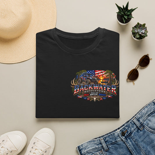 Backwater Outfitters Fishing T-Shirt — American Flag Bass Graphic