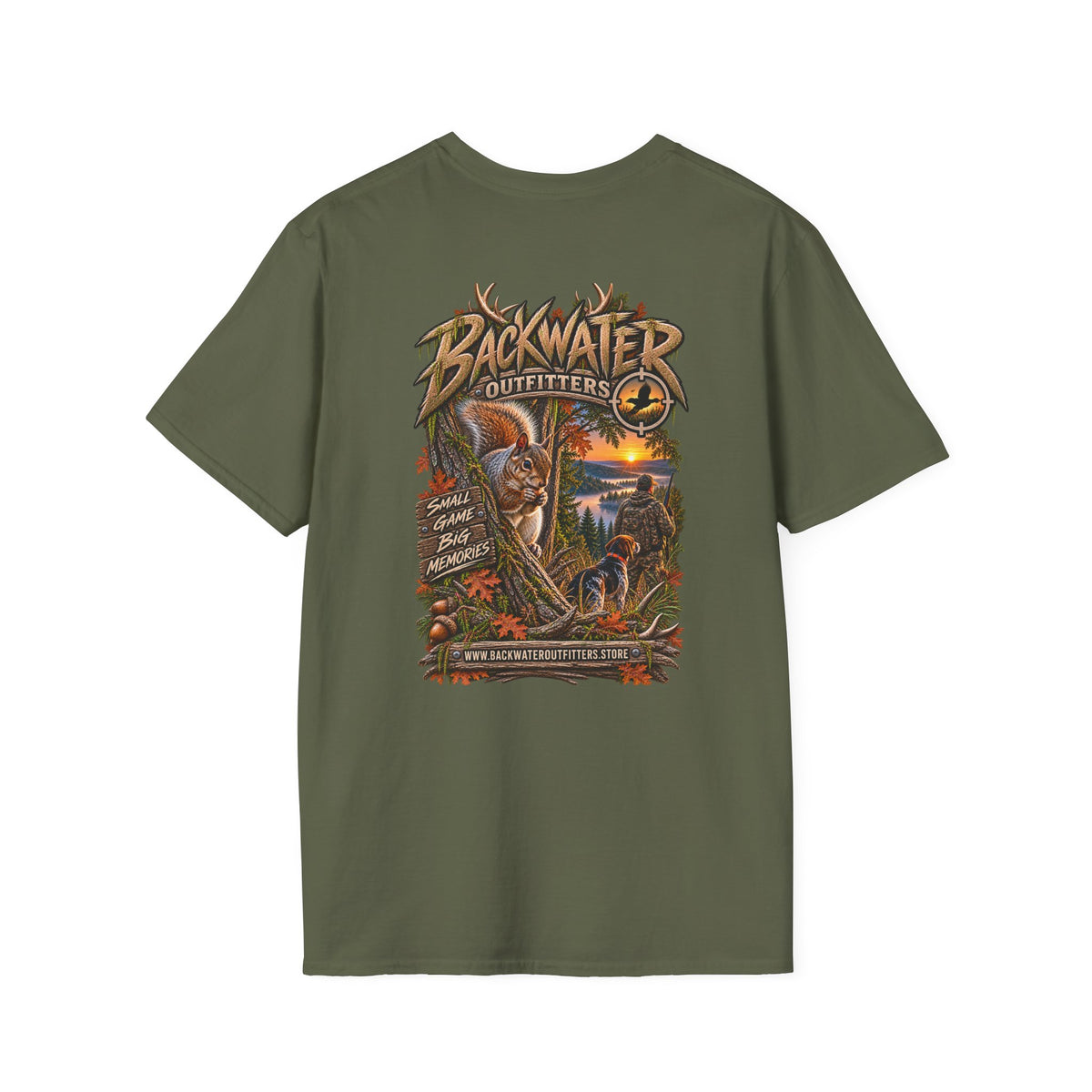 Backwater Outfitters Fishing T-Shirt — Outdoor Sunset Graphic Tee Printify