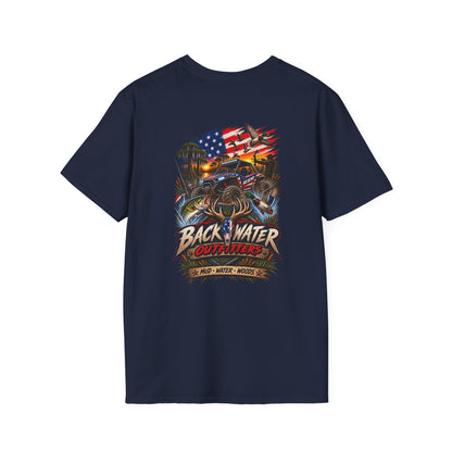 Backwater Bass Fishing T-Shirt — American Flag Boat Graphic Tee