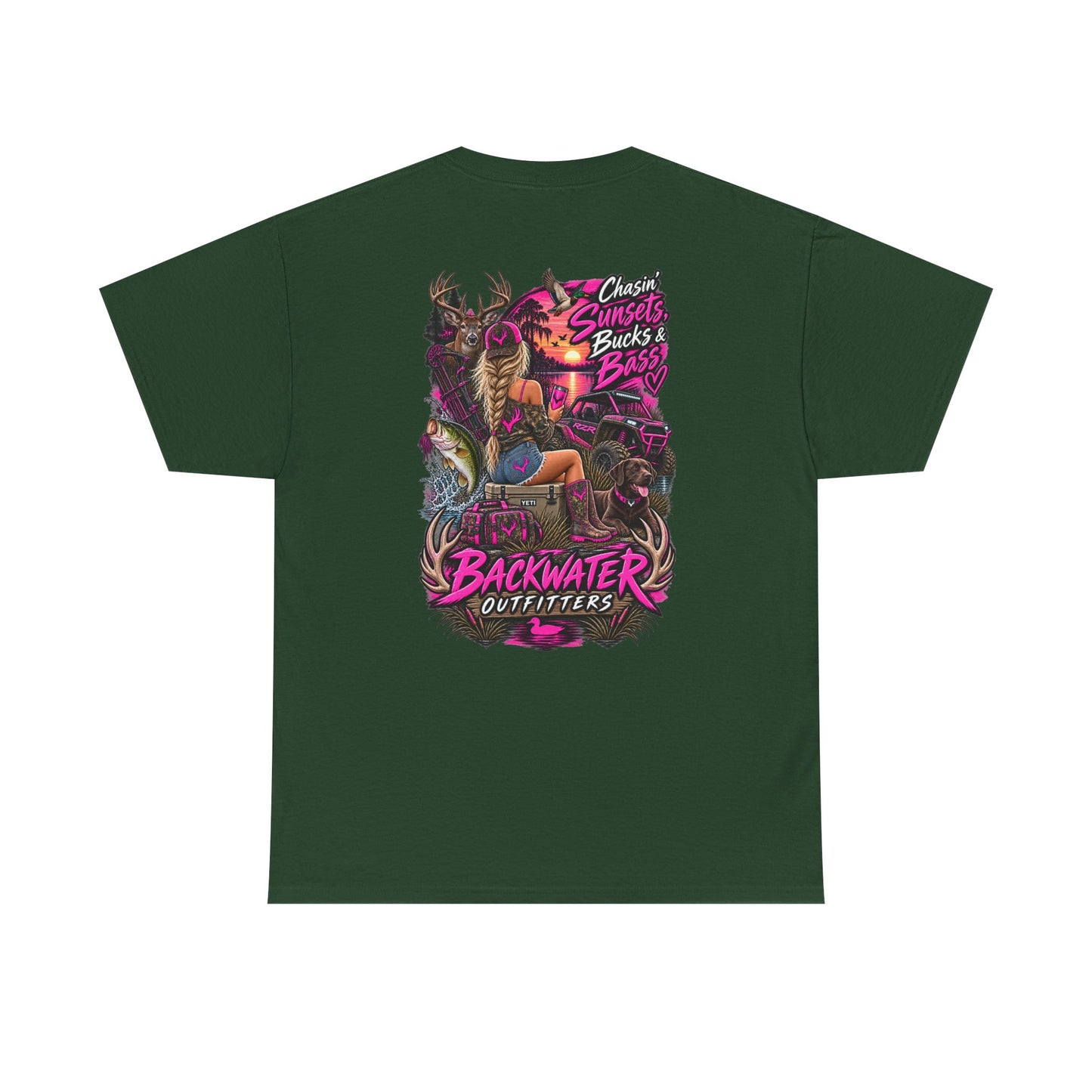 Backwater Outfitters Bass Fishing T‑Shirt — Sunset, Bucks & Bass Graphic Tee