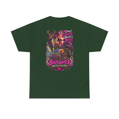 Backwater Outfitters Bass Fishing T‑Shirt — Sunset, Bucks & Bass Graphic Tee