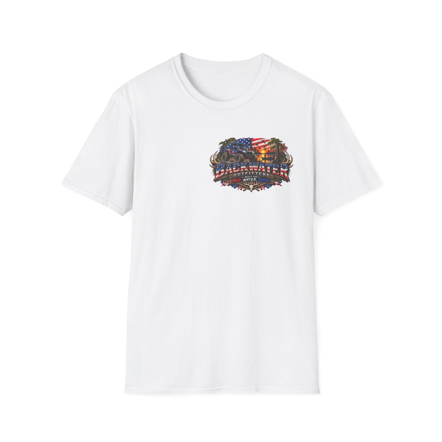 Backwater Outfitters Fishing T-Shirt — American Flag Bass Graphic