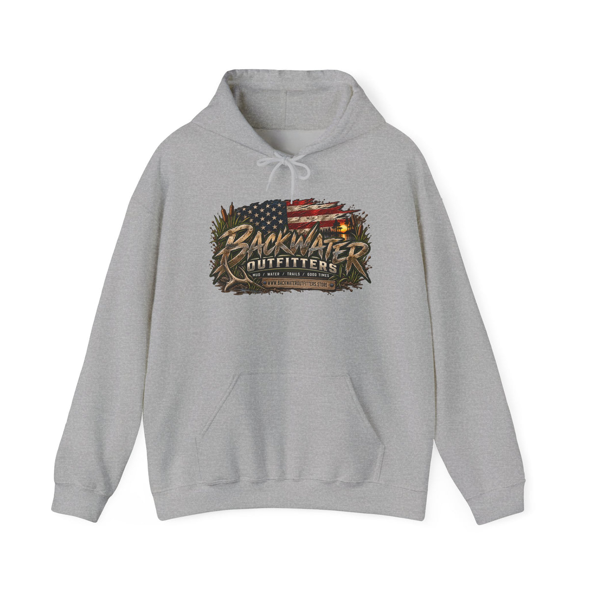 Backwater Outfitters Hoodie — American Flag Outdoor Fishing & Off-Road Pullover Printify
