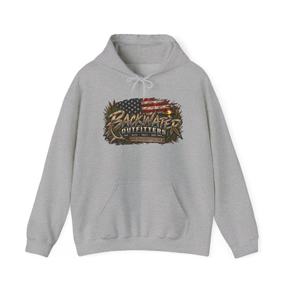 Backwater Outfitters Hoodie — American Flag Outdoor Fishing & Off-Road Pullover Printify