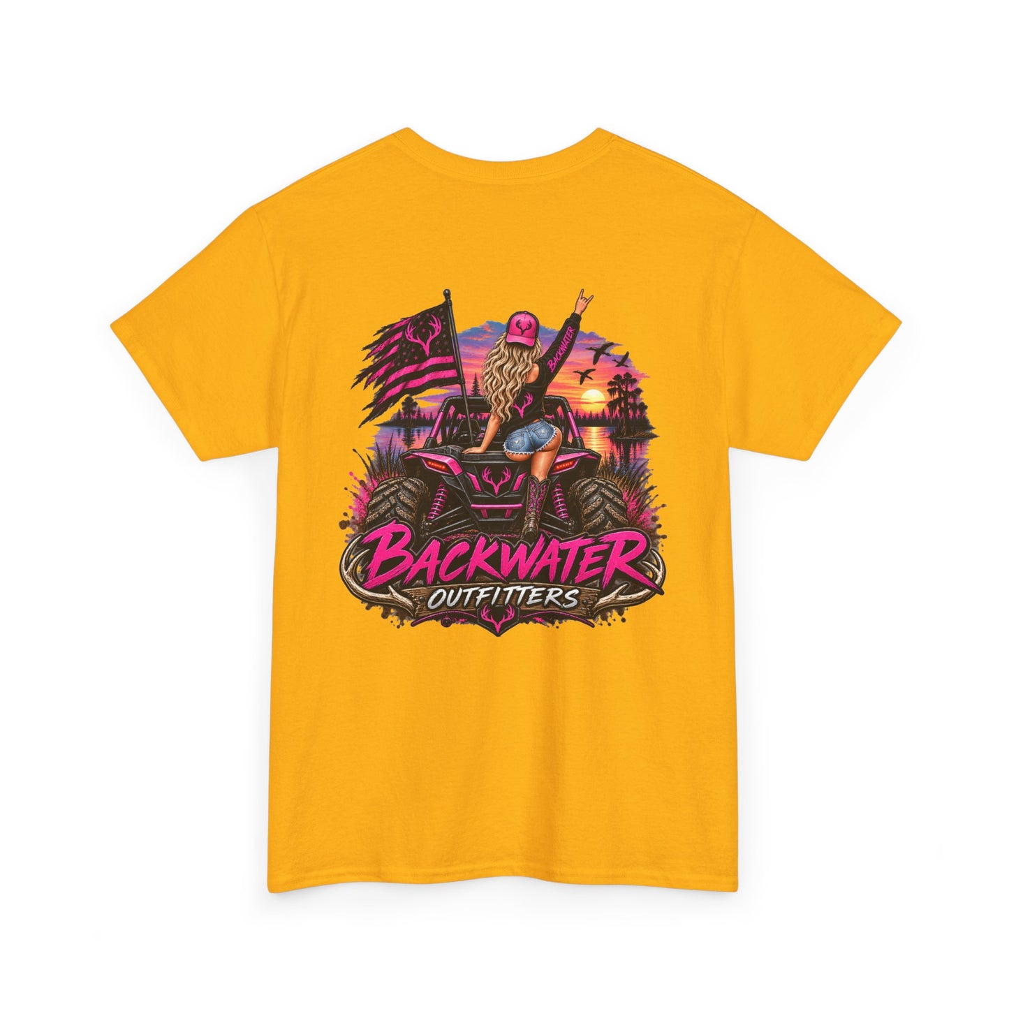 Backwater Outfitters Graphic Tee — Retro Sunset Fishing ATV Shirt