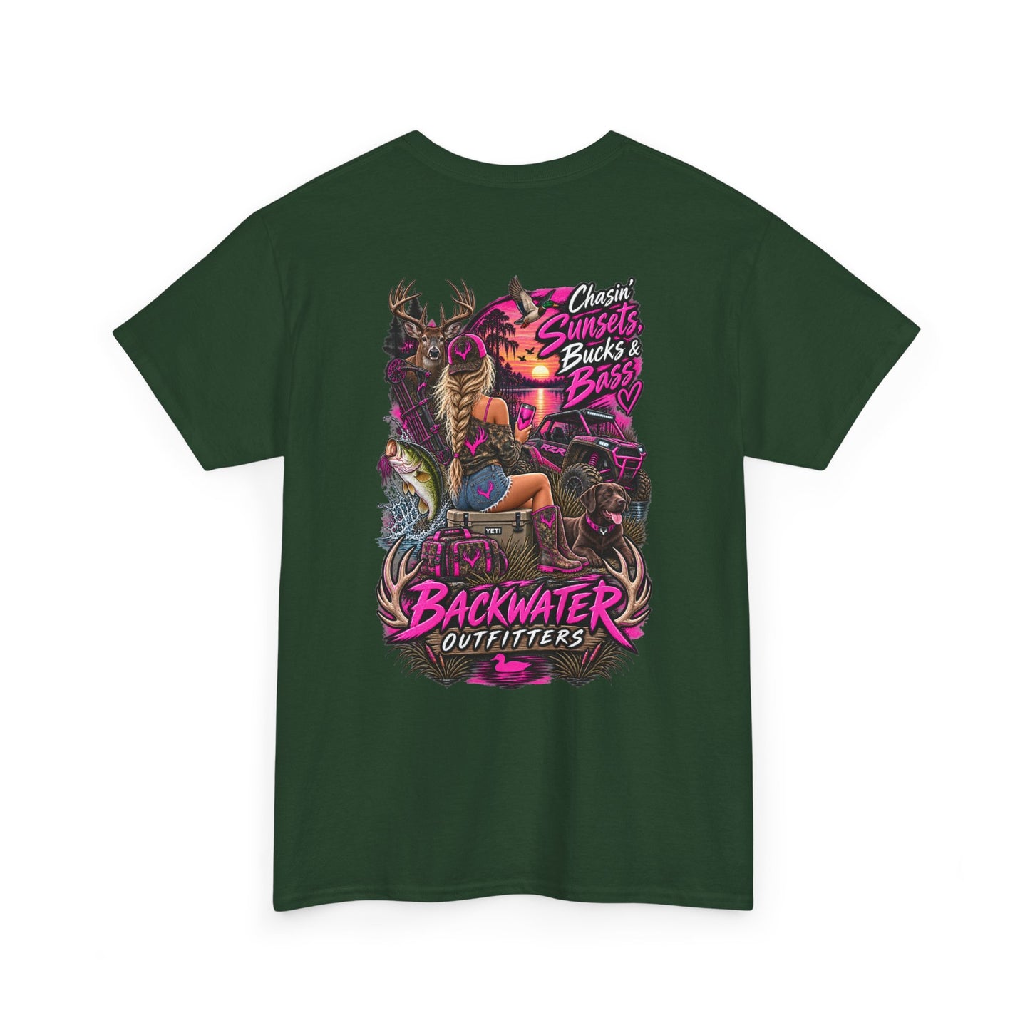 Backwater Outfitters Bass Fishing T‑Shirt — Sunset, Bucks & Bass Graphic Tee