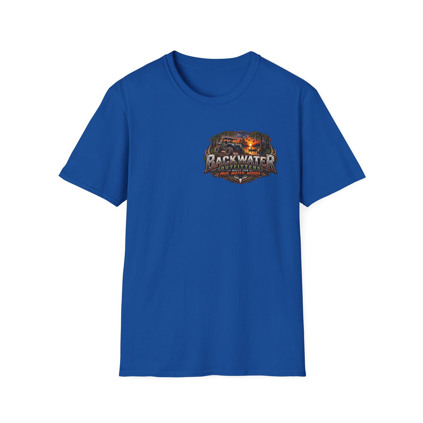 Backwater Outfitters Fishing T-Shirt — Rustic Boat & Campfire Graphic
