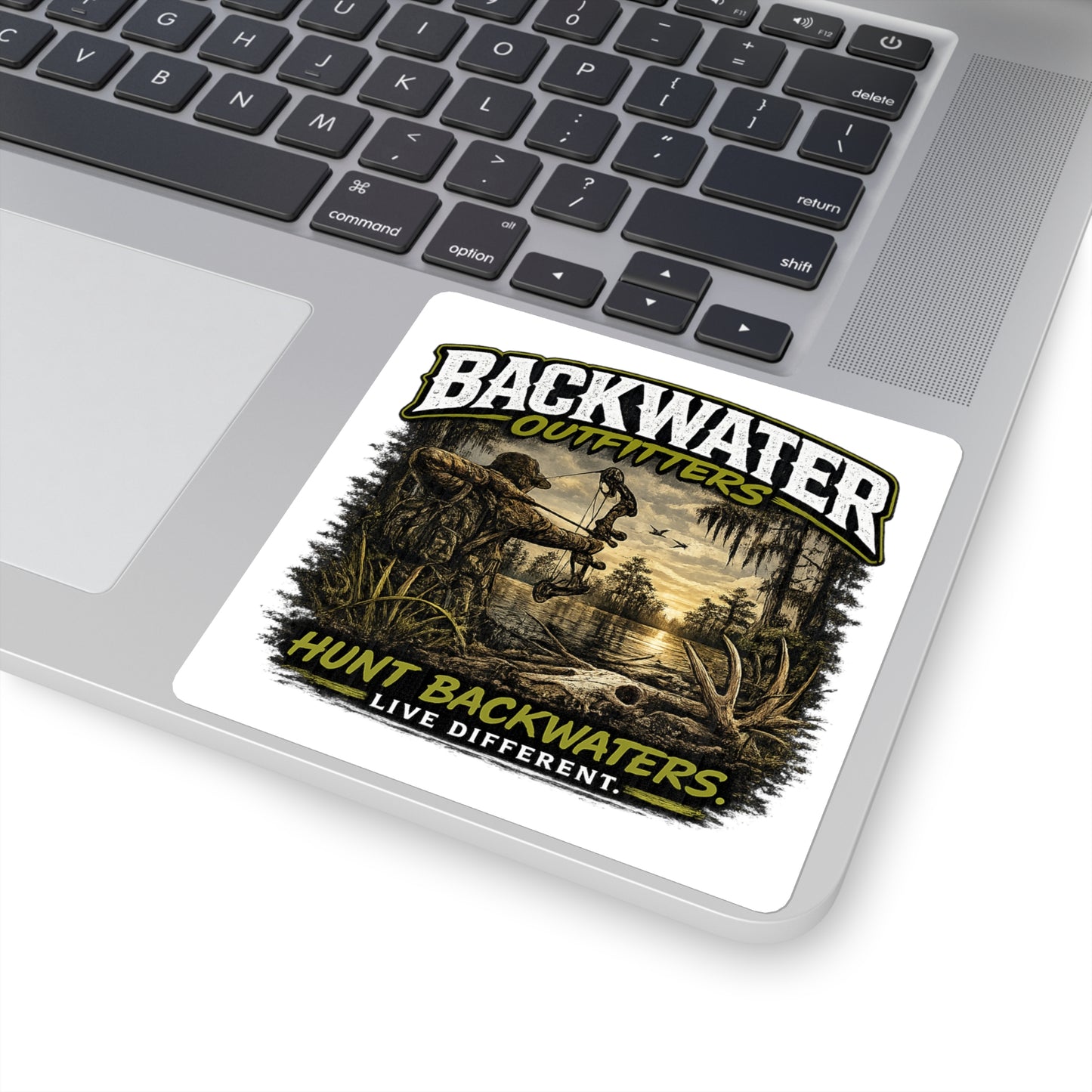 Backwater Outfitters Square Sticker — “Hunt Backwaters. Live Different.” Outdoor Hunting Decal