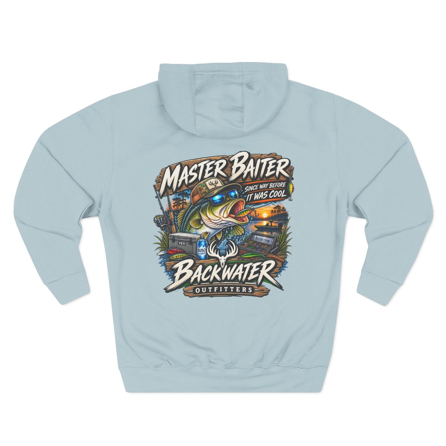 Backwater Outfitters Fishing Hoodie — "Master Baiter" Graphic Pullover