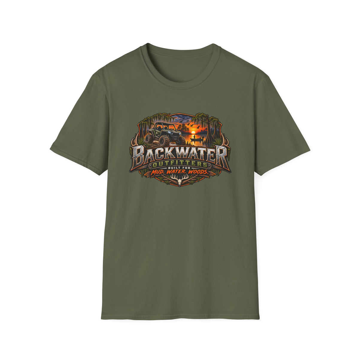 Backwater Outfitters Fishing T‑Shirt — "Raised on Backwater" Bass & Sunset Graphic Printify