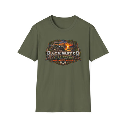 Backwater Outfitters Fishing T‑Shirt — "Raised on Backwater" Bass & Sunset Graphic Printify