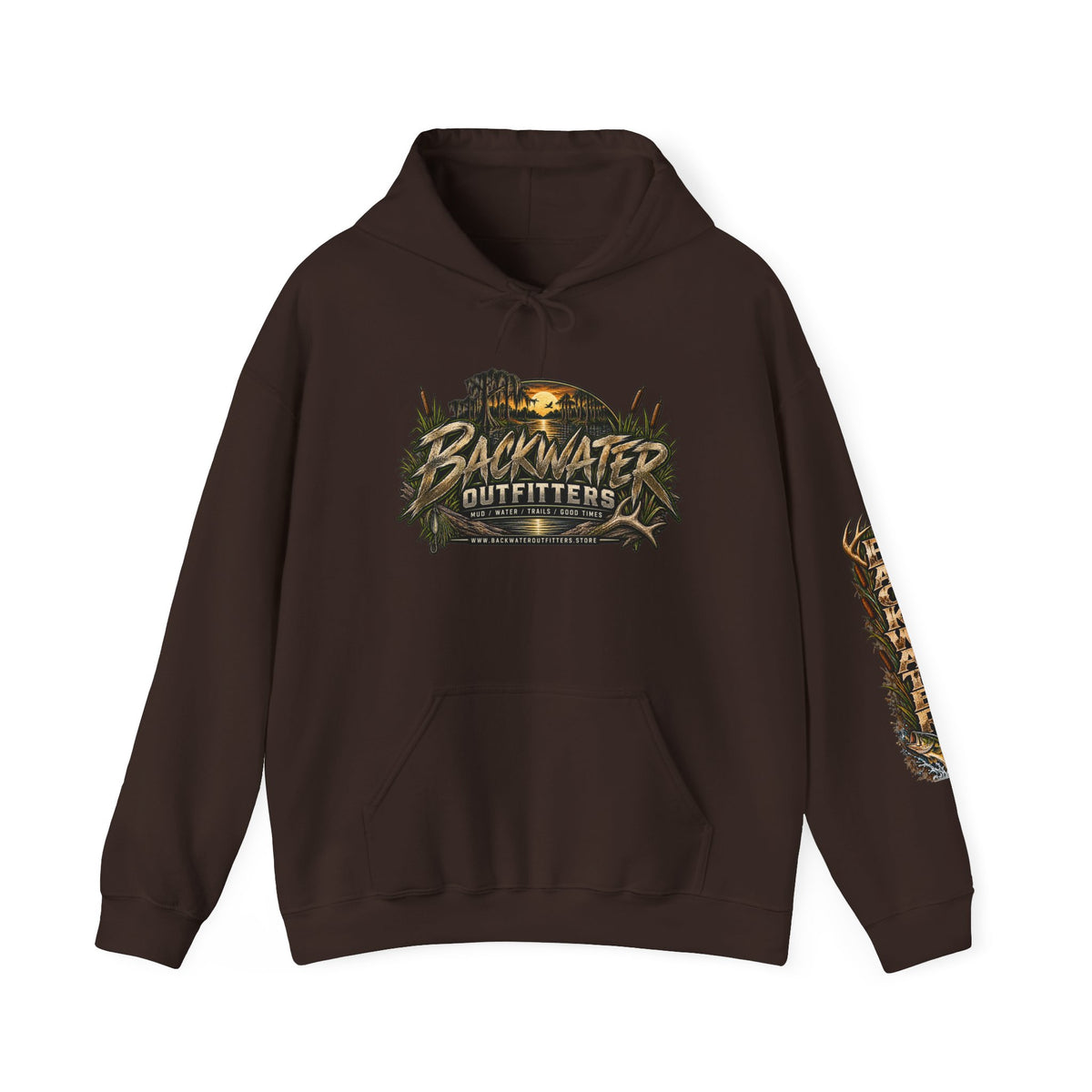 Simply Backwater Outfitters Hoodie — Outdoor Fishing Sunset Graphic Pullover Printify