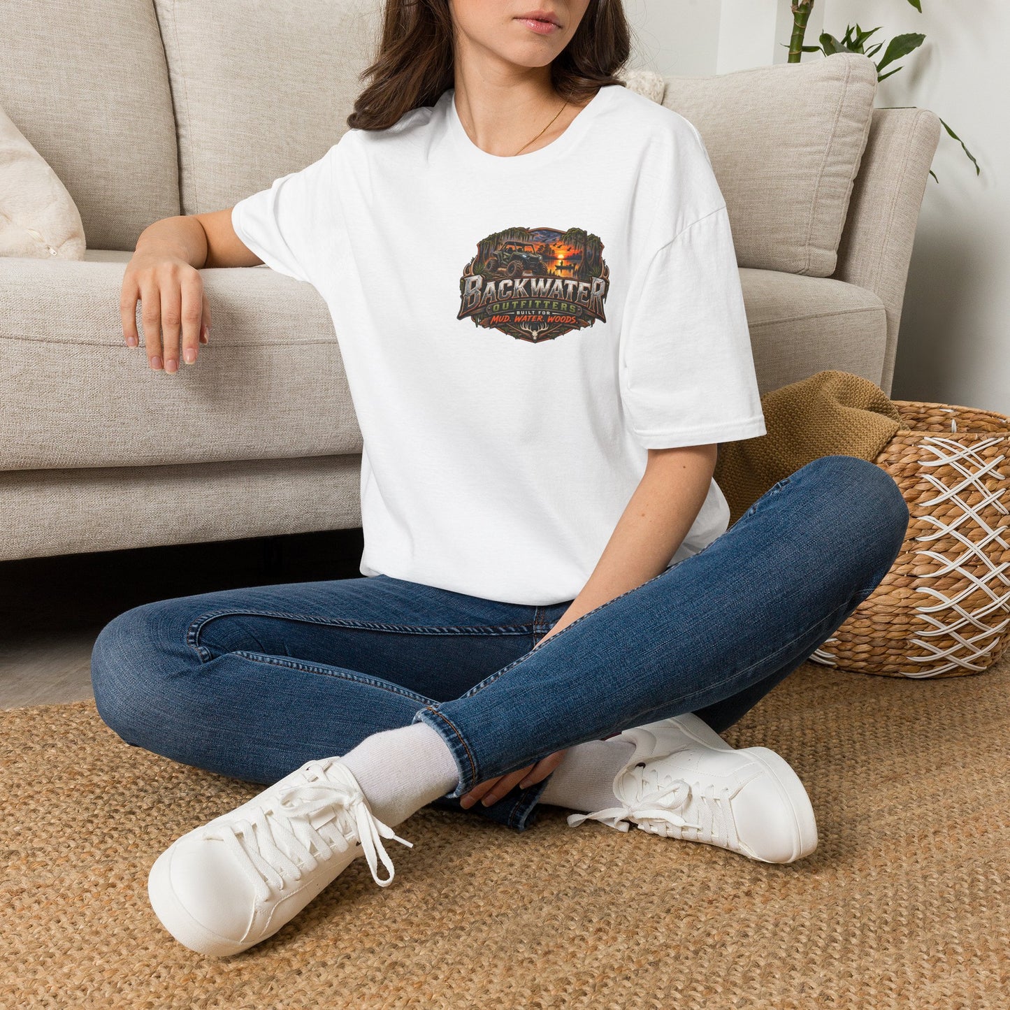 Backwater Outfitters Fishing T-Shirt — Rustic Boat & Campfire Graphic