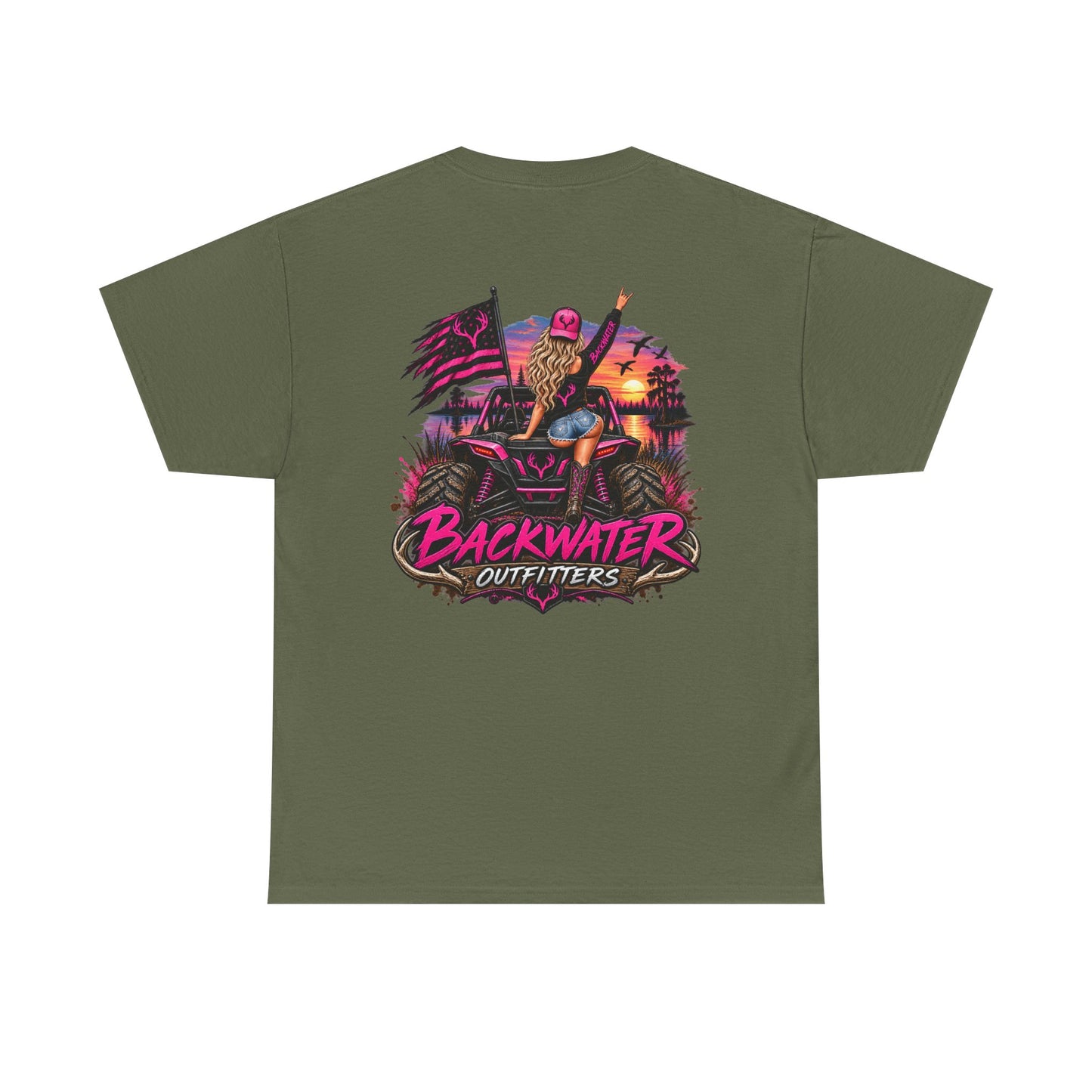 Backwater Outfitters Graphic Tee — Retro Sunset Fishing ATV Shirt