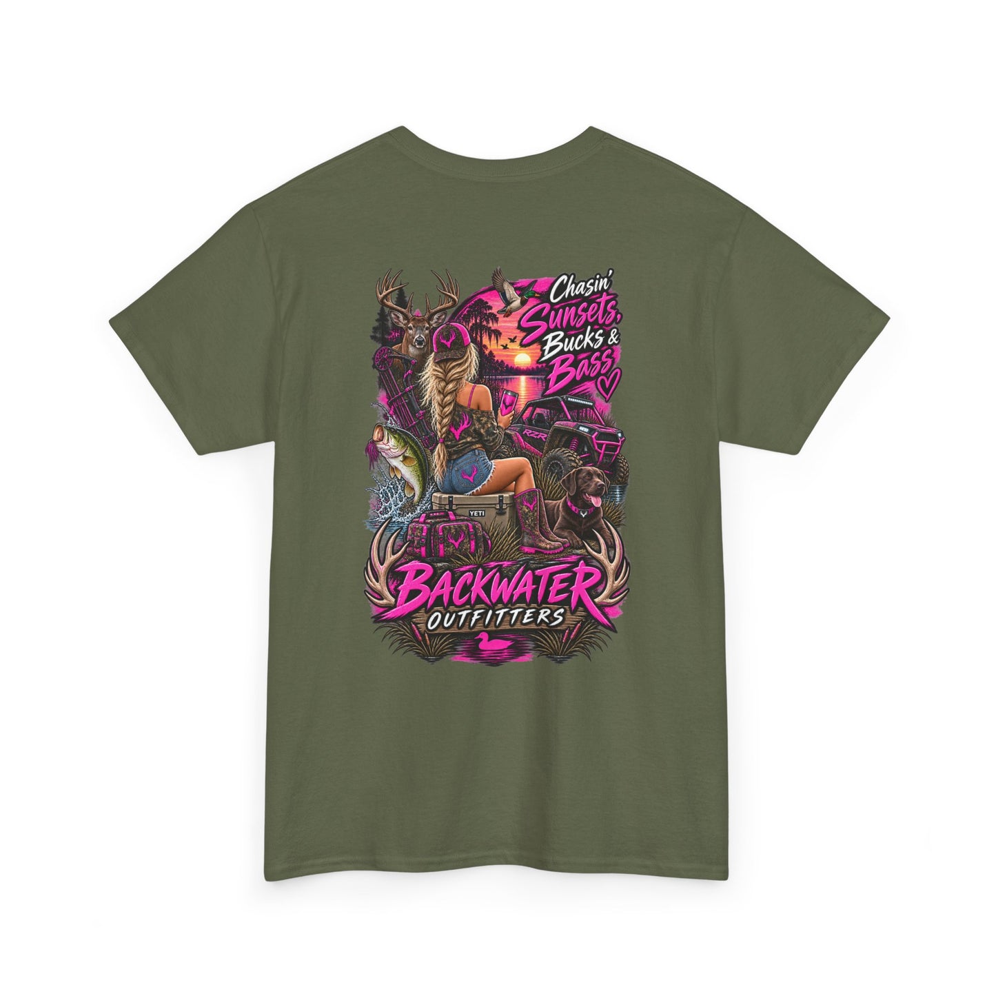 Backwater Outfitters Bass Fishing T‑Shirt — Sunset, Bucks & Bass Graphic Tee
