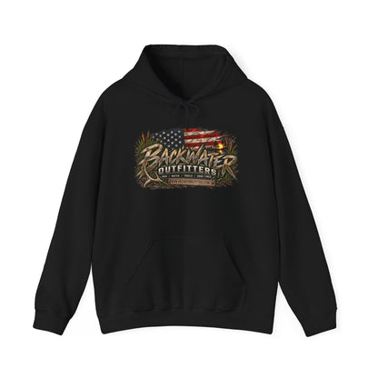 Backwater Outfitters Hoodie — American Flag Outdoor Fishing & Off-Road Pullover Printify
