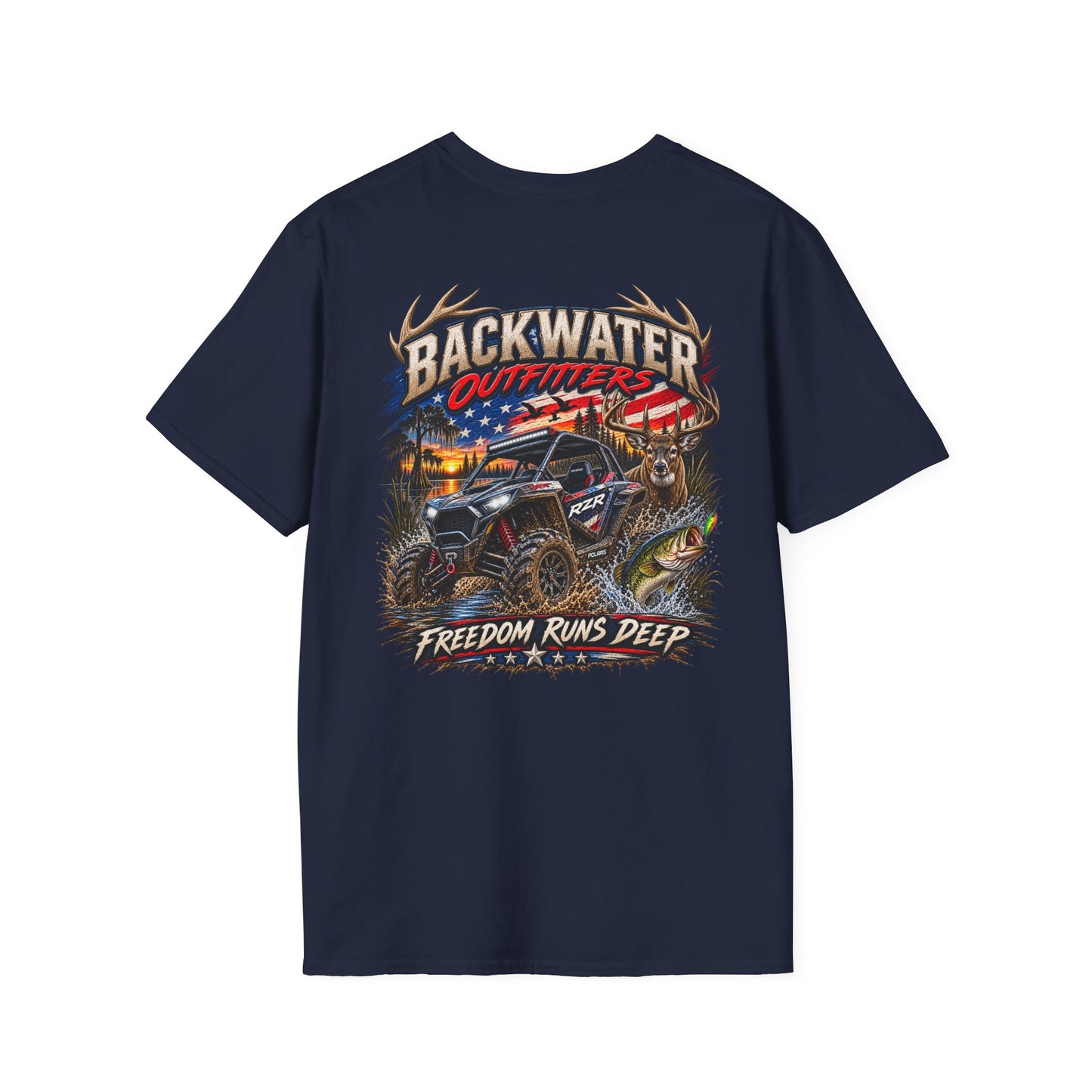 Backwater Outfitters Fishing T-Shirt — Rustic Boat & Campfire Graphic