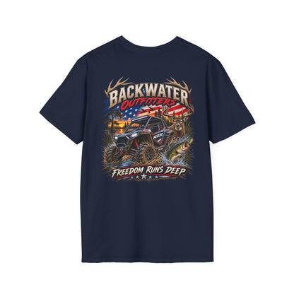 Backwater Outfitters Fishing T-Shirt — Rustic Boat & Campfire Graphic