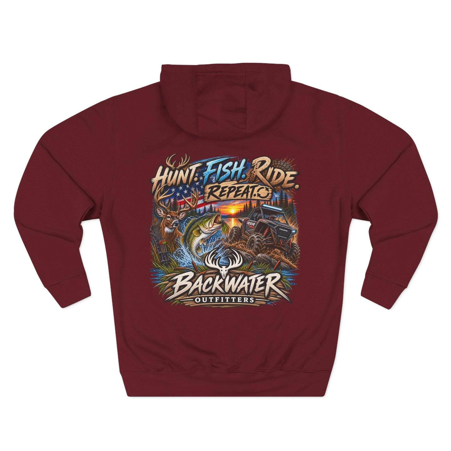 Backwater Outfitters Hoodie — "Hunt Fish Ride Repeat" Outdoor Graphic Pullover