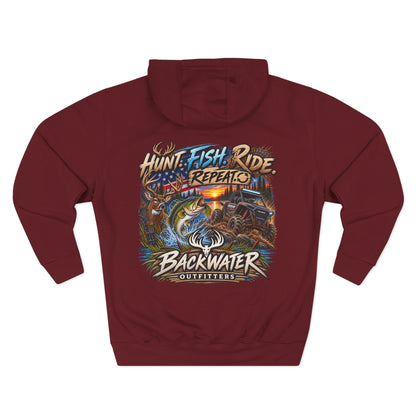 Backwater Outfitters Hoodie — "Hunt Fish Ride Repeat" Outdoor Graphic Pullover