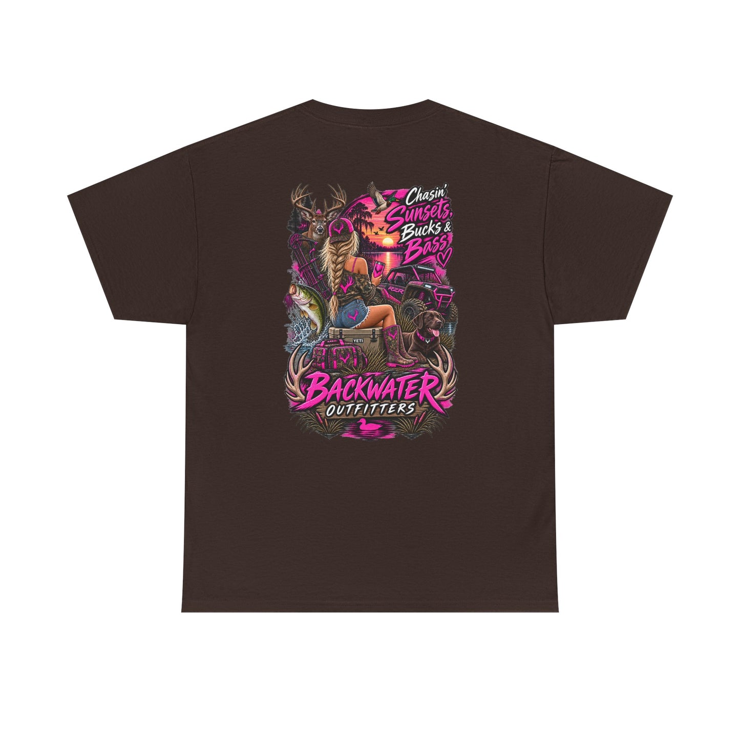 Backwater Outfitters Bass Fishing T‑Shirt — Sunset, Bucks & Bass Graphic Tee