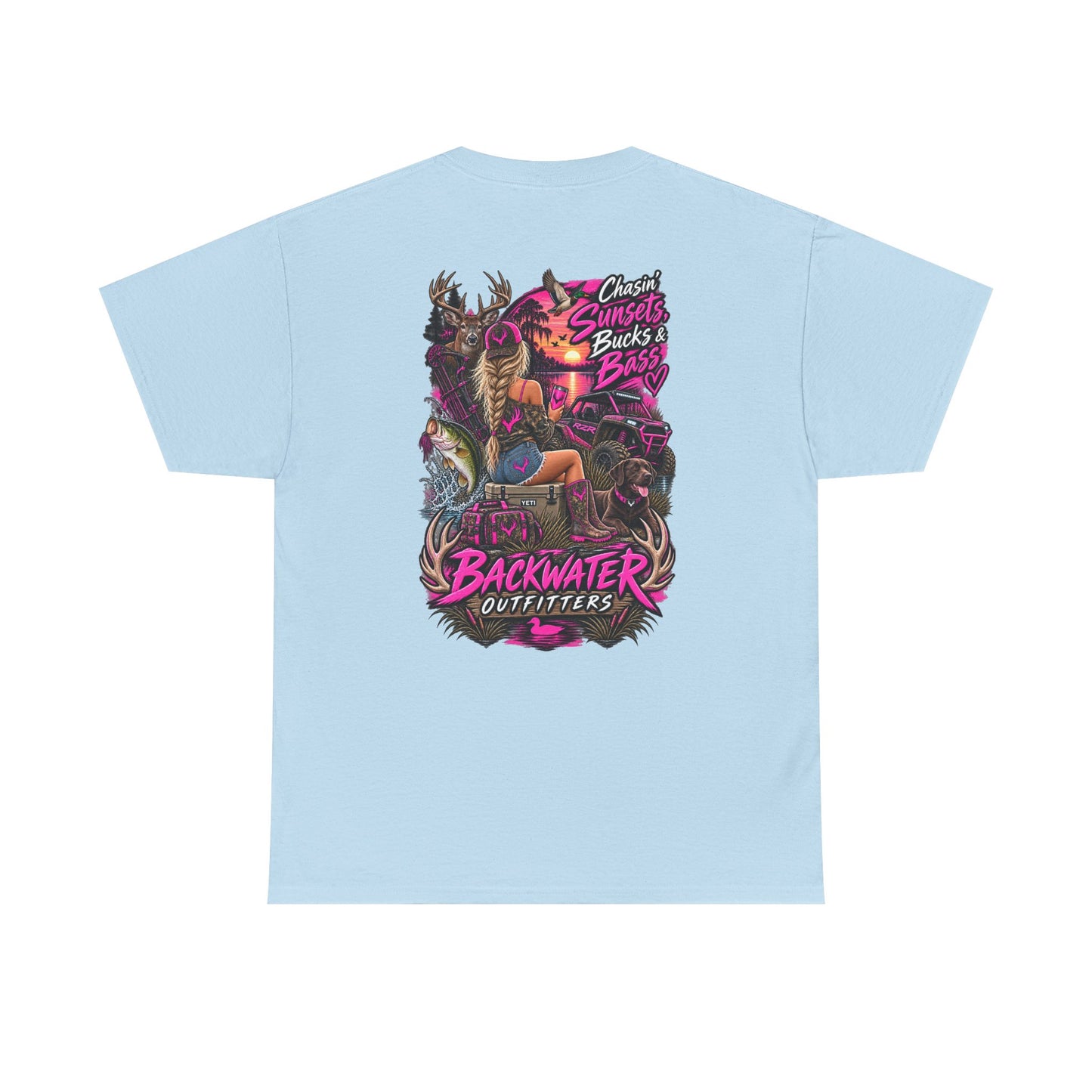 Backwater Outfitters Bass Fishing T‑Shirt — Sunset, Bucks & Bass Graphic Tee