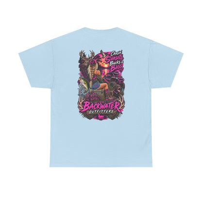 Backwater Outfitters Bass Fishing T‑Shirt — Sunset, Bucks & Bass Graphic Tee