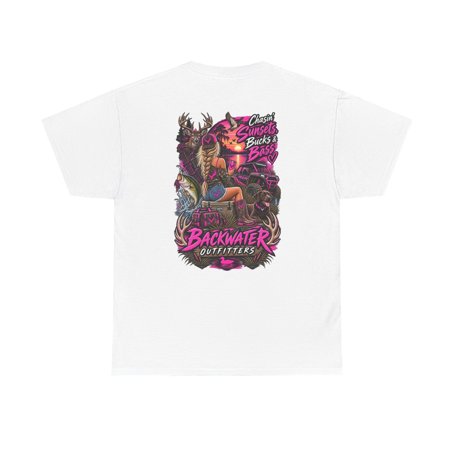 Backwater Outfitters Bass Fishing T‑Shirt — Sunset, Bucks & Bass Graphic Tee