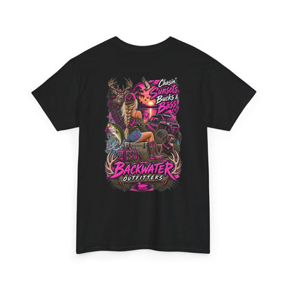 Backwater Outfitters Bass Fishing T‑Shirt — Sunset, Bucks & Bass Graphic Tee