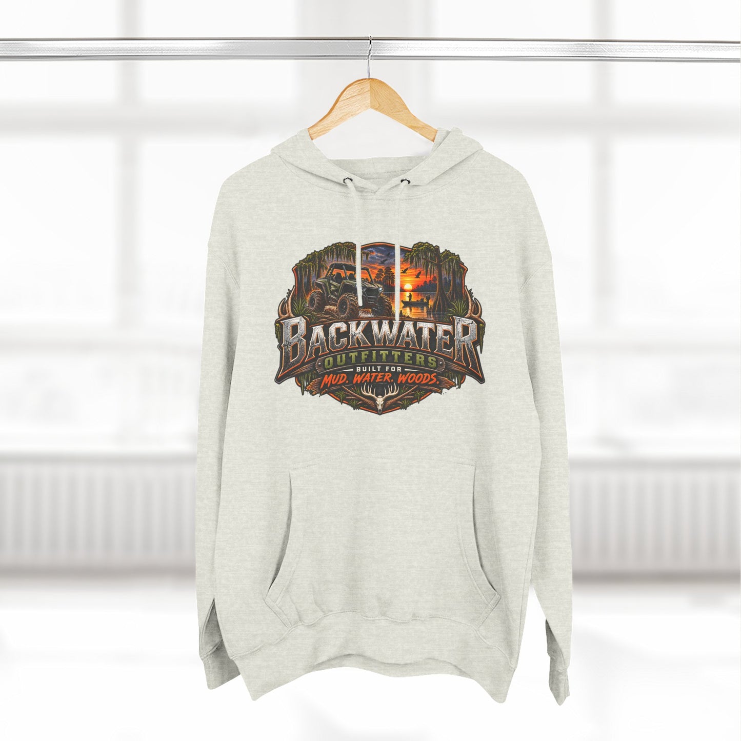 Backwater Outfitters Hoodie — "Hunt Fish Ride Repeat" Outdoor Graphic Pullover