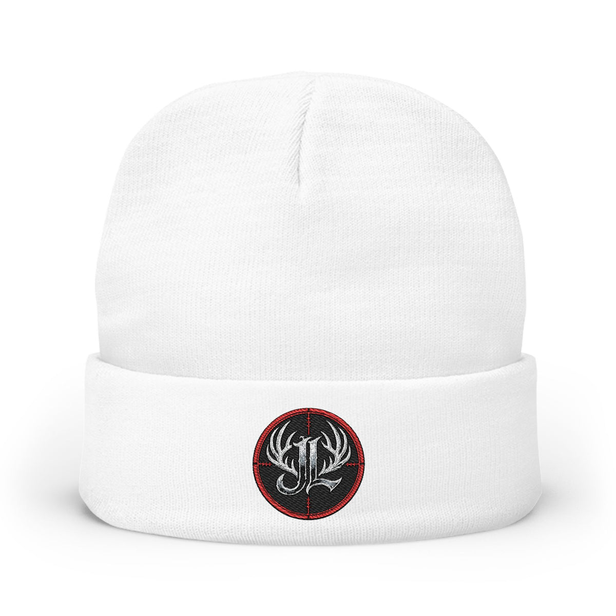James Luker Embroidered Skull Antlers Knit Beanie — Winter Hat with Gothic Logo Printify