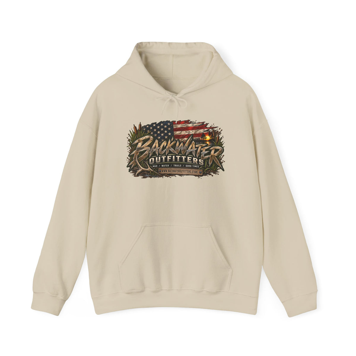 Backwater Outfitters Hoodie — American Flag Outdoor Fishing & Off-Road Pullover Printify