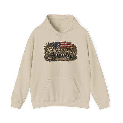 Backwater Outfitters Hoodie — American Flag Outdoor Fishing & Off-Road Pullover Printify