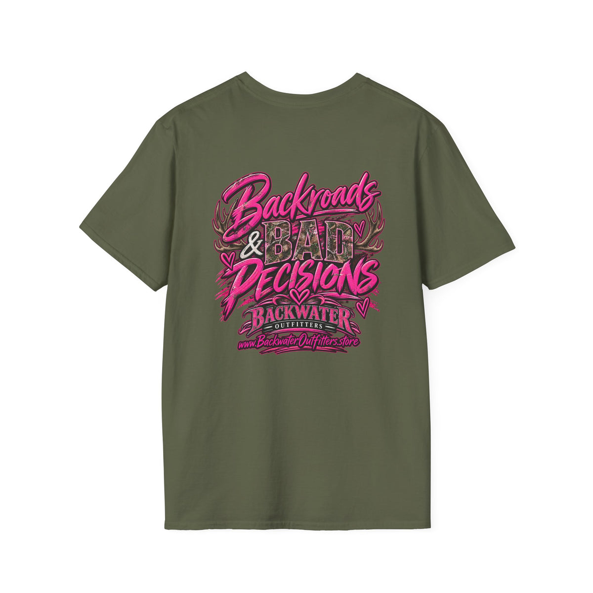 Women T-Shirt — "Backwater & Bad Decisions" Graphic Tee (Pink Palm Beach Vibes) Printify