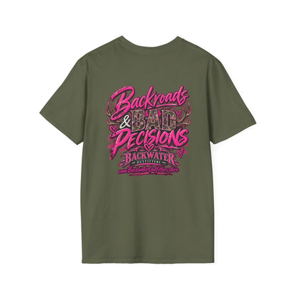 Women T-Shirt — "Backwater & Bad Decisions" Graphic Tee (Pink Palm Beach Vibes) Printify