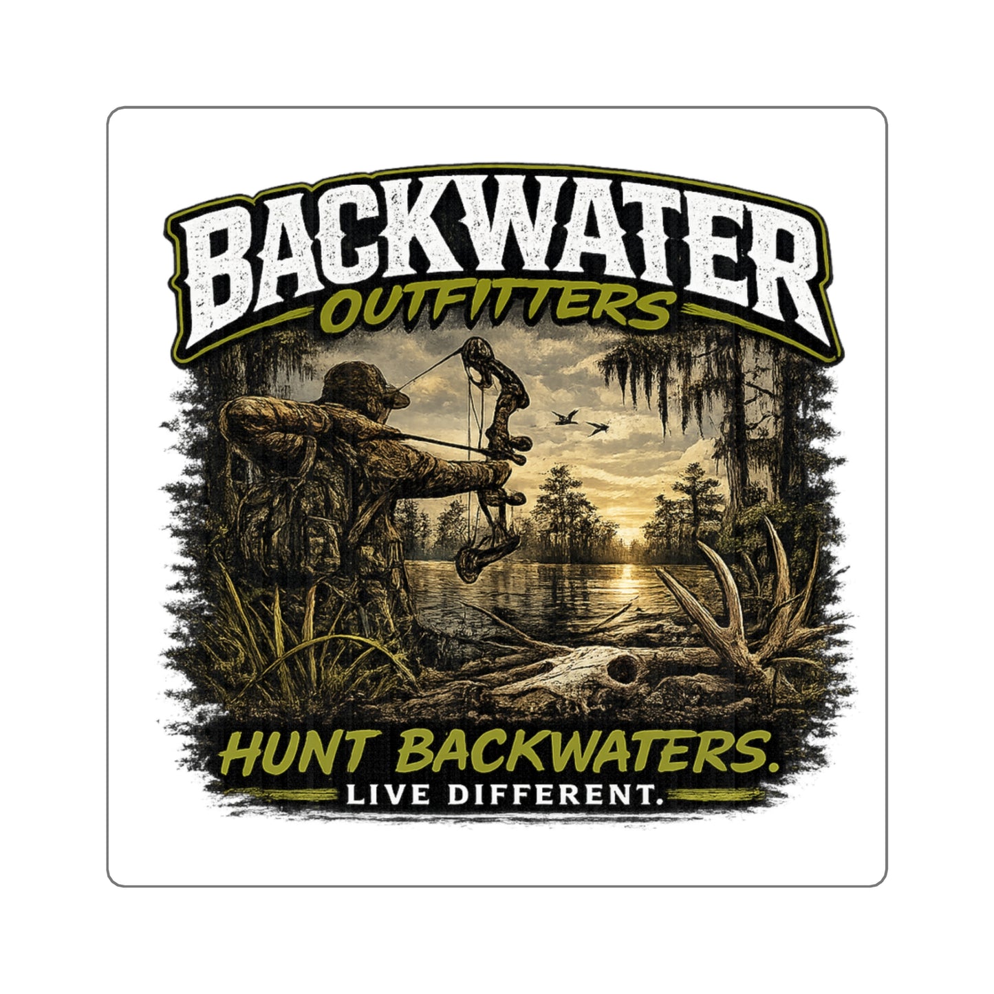 Backwater Outfitters Square Sticker — “Hunt Backwaters. Live Different.” Outdoor Hunting Decal