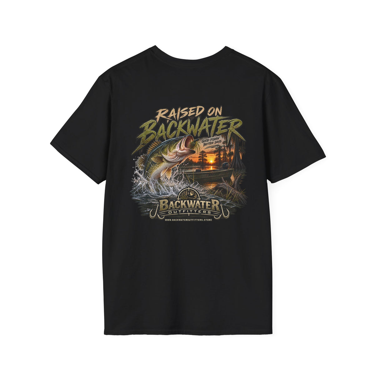 Backwater Outfitters Fishing T‑Shirt — "Raised on Backwater" Bass & Sunset Graphic Printify