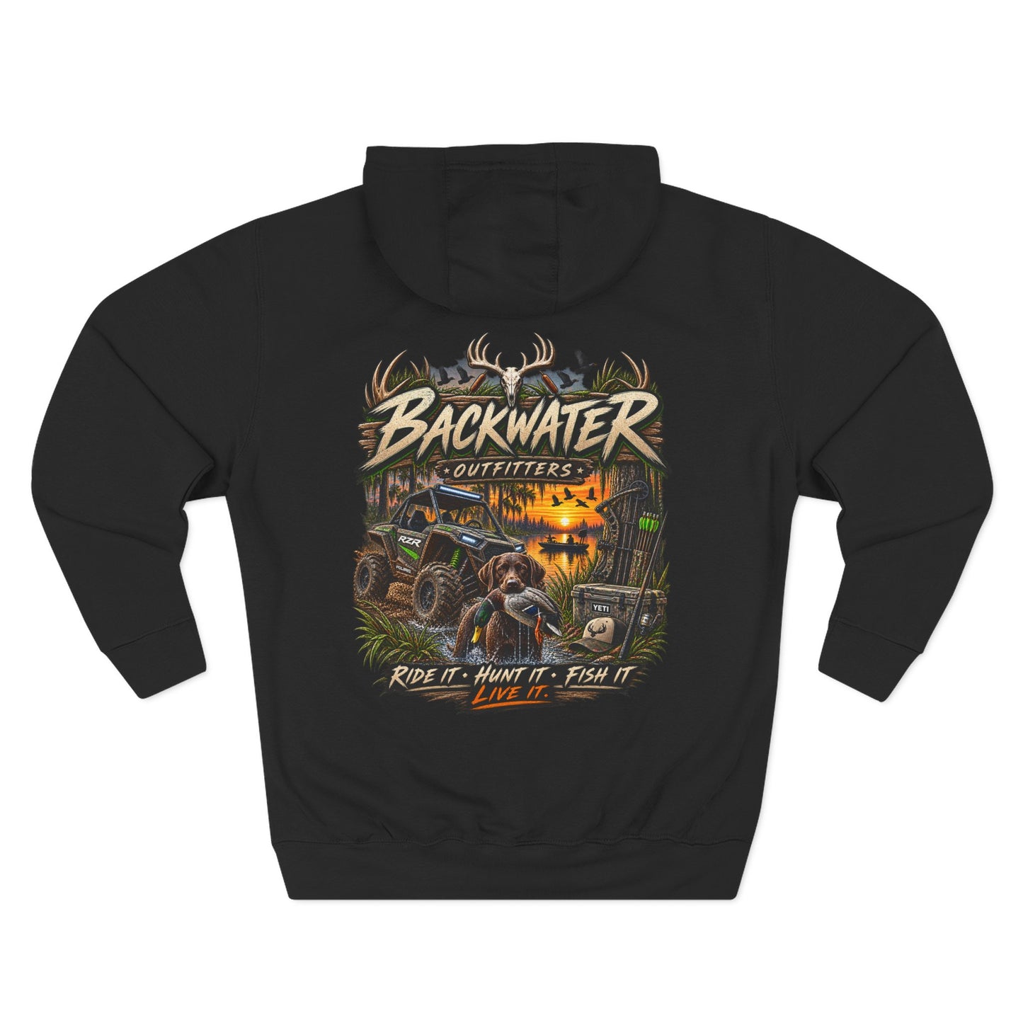 Backwater Outfitters Hoodie — 'Ride It • Hunt It • Fish It' Outdoor Pullover