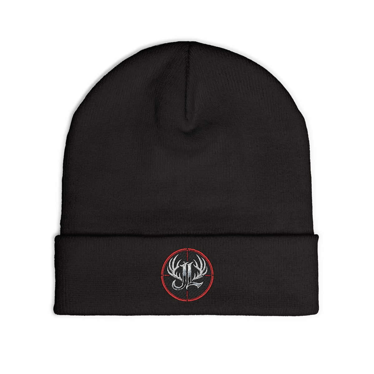 James Luker Embroidered Skull Antlers Knit Beanie — Winter Hat with Gothic Logo Printify