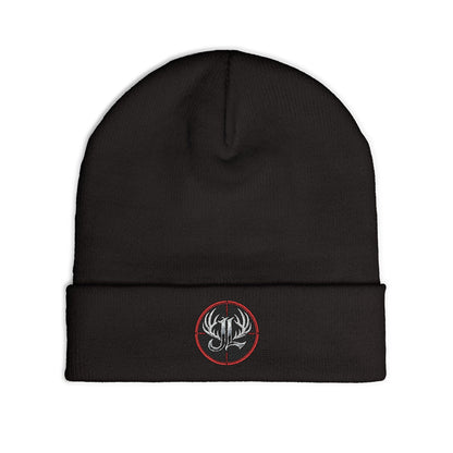 James Luker Embroidered Skull Antlers Knit Beanie — Winter Hat with Gothic Logo Printify