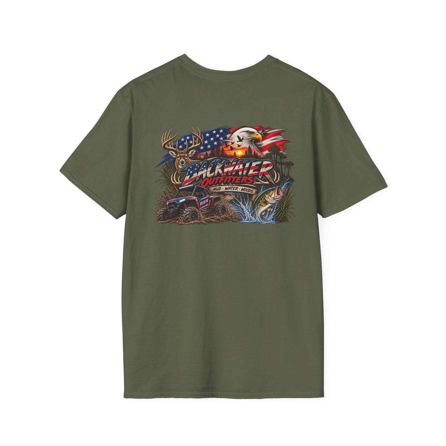 Backwater Outfitters Fishing T-Shirt — American Flag Bass Graphic