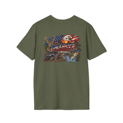 Backwater Outfitters Fishing T-Shirt — American Flag Bass Graphic