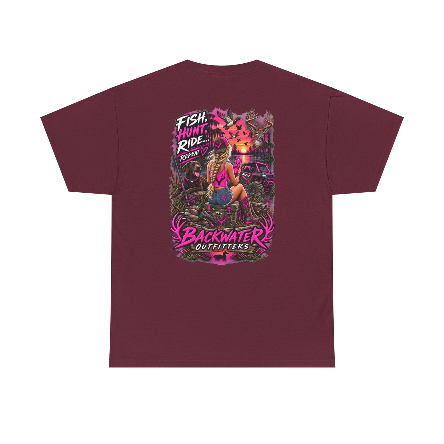 Backwater Outfitters Graphic Tee — "Fish Hunt Ride Repeat" Beach & Fishing Shirt