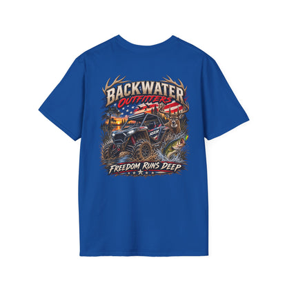Backwater Outfitters Fishing T-Shirt — Rustic Boat & Campfire Graphic