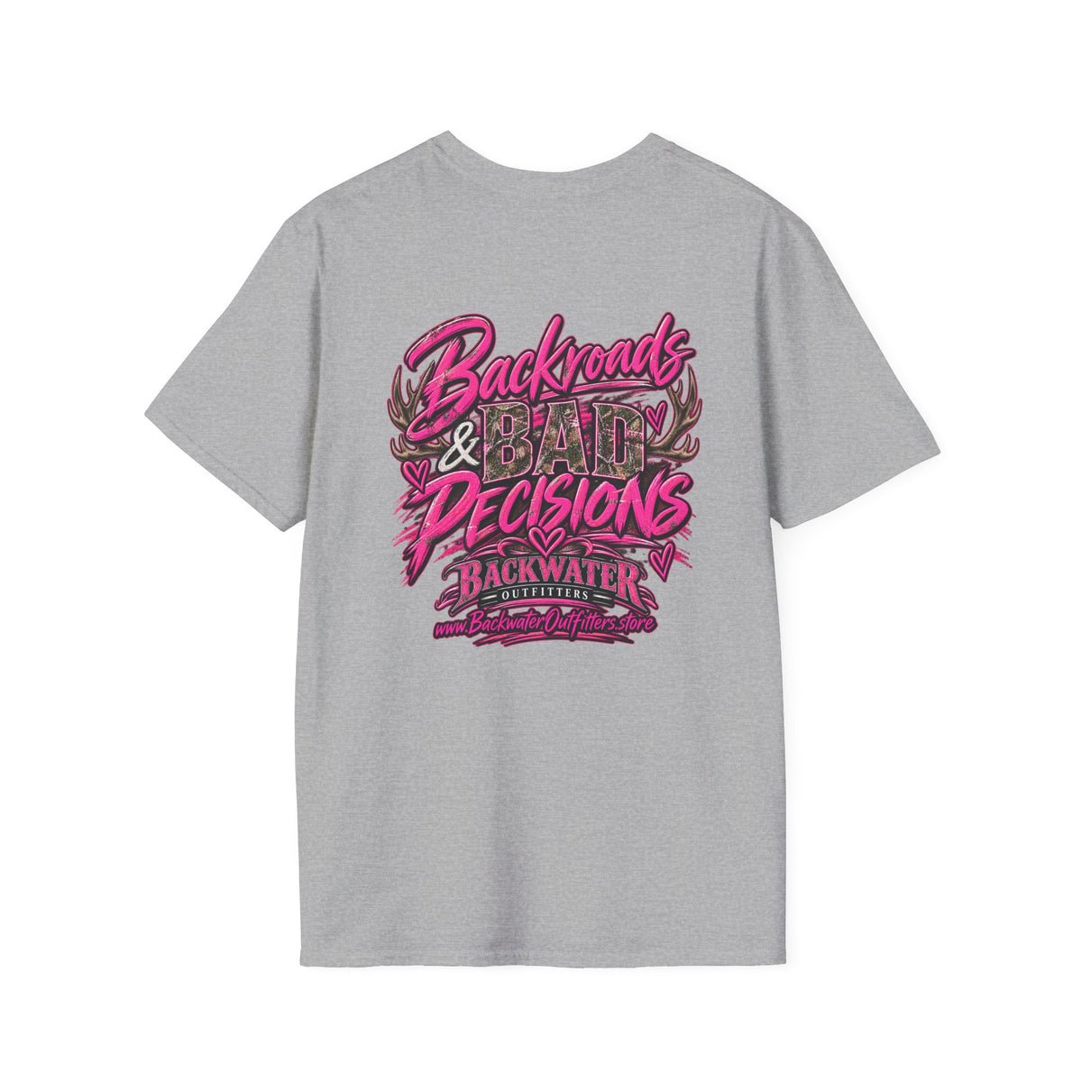Women T-Shirt — "Backwater & Bad Decisions" Graphic Tee (Pink Palm Beach Vibes) Printify