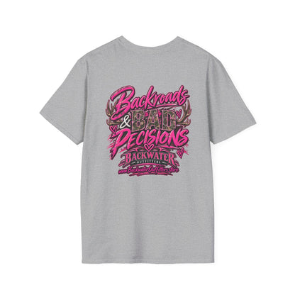 Women T-Shirt — "Backwater & Bad Decisions" Graphic Tee (Pink Palm Beach Vibes) Printify