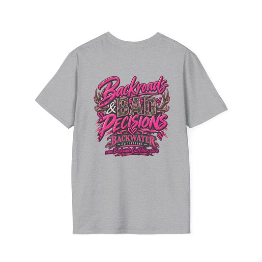 Women T-Shirt — "Backwater & Bad Decisions" Graphic Tee (Pink Palm Beach Vibes) Printify