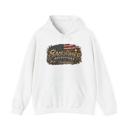 Backwater Outfitters Hoodie — American Flag Outdoor Fishing & Off-Road Pullover Printify