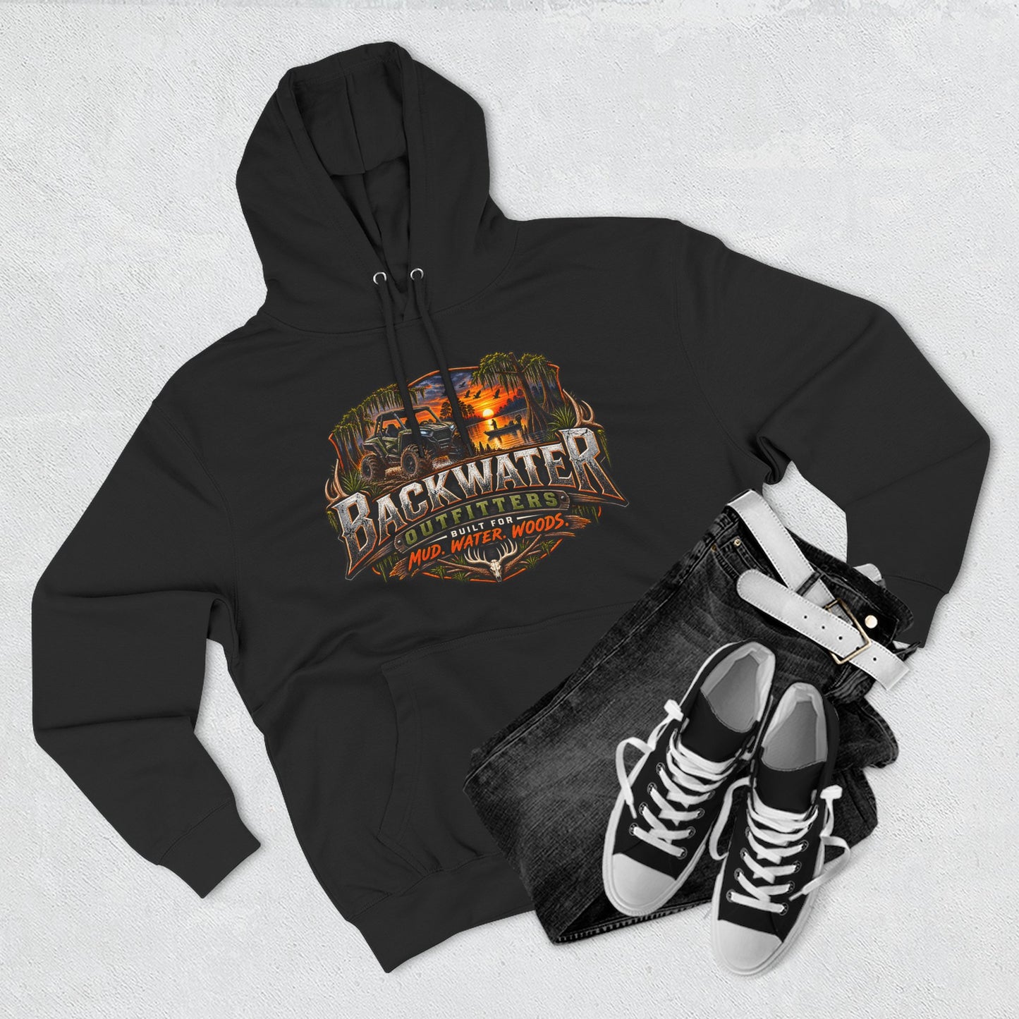 Backwater Outfitters Hoodie — "Hunt Fish Ride Repeat" Outdoor Graphic Pullover