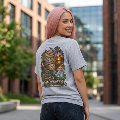Backwater Fishing T-Shirt — "Fish Explore Unwind" Outdoor Angler Tee Printify